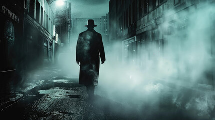 Obraz premium A man in a long coat and hat walks through a foggy city street at night. The streetlights cast a dim glow on the wet pavement, making the scene mysterious and eerie