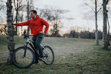 A relaxed young man with his bike takes in the serenity of an urban park at dusk, reflecting a...