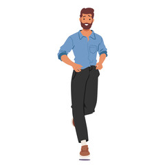 Confident Young Man Casually Walking Forward, Male Character with Stylish Beard, Blue Shirt And Black Trousers