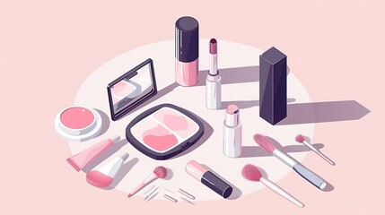 Makeup tutorial, with illustrations of a step-by-step makeup tutorial, showing different makeup techniques and products. Distinctiveness of lifestyle beauty and fashion concept.