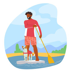 Joyful African American Man Stands On A Paddleboard, Holding An Oar, With His Small Dog Wearing A Life Vest Beside Him