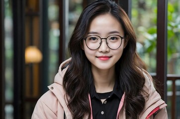 A Chinese girl of about 18 years old wearing modern glasses to improve her eyesight. Smiling