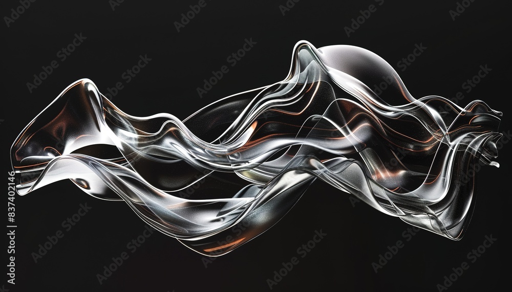 Wall mural Abstract floating wavy glass shape on black background, 3d render