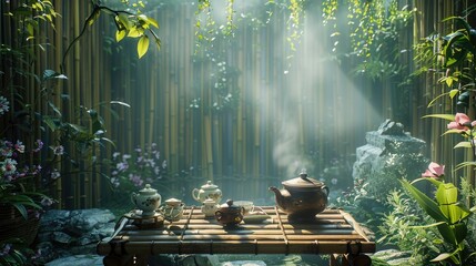 Chinese style courtyard, with a bamboo fence and wooden table containing Chinese teapots and cups, surrounded by green plants  - Powered by Adobe