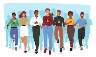Fototapeta premium Diverse Group Of Happy Characters Running In Casual Attire, Front View. Concept Of Diversity, Friendship And Sports