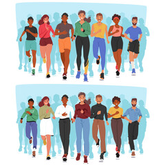 Fototapeta premium Group Of Young Adult People Engaging In Running And Walking Activities Front View. Cartoon Vector Image