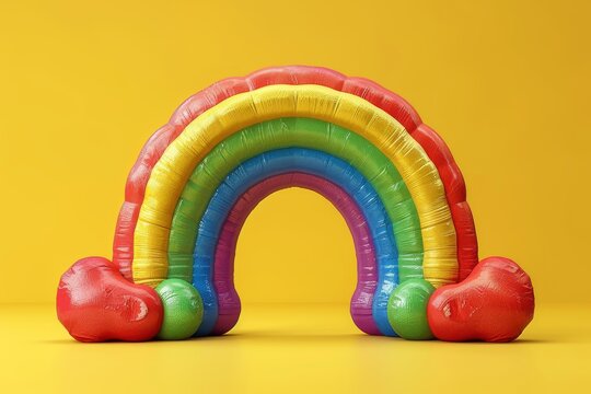 Cute rainbow arch with fluffy clouds on a bright yellow background creating a playful and cheerful vibe - Powered by Adobe