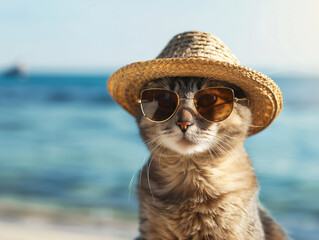 Cool Cat Wearing Sunglasses and Hat by the Beach