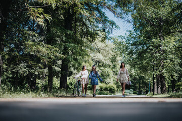 Three young girls stroll leisurely in a park with verdant trees on a bright sunny day, embodying friendship and relaxation.