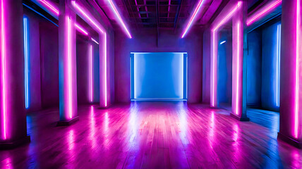 Futurism Sci Fi Modern Alien Neon laser Vibrant Purple Blue Pantone Arrows Podium Stage Dance Fashion Concrete Catwalk Club Nigh 3D Rendering Illustration