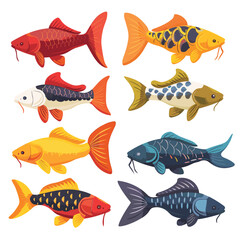 Eight colorful koi fish illustrations displayed against white background, showing different patterns colors, koi fish features unique scales fins, shades red, orange, yellow, white, black, blue