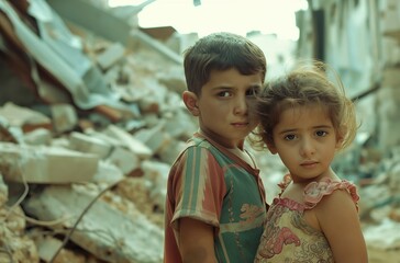 Sad Palestinian children amidst rubble