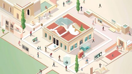 Isometric illustration of a museum with people walking around.