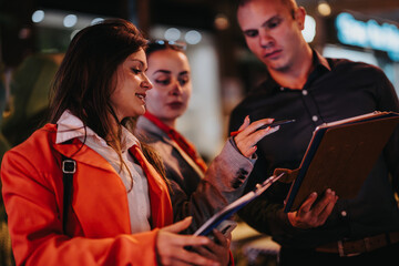 Three young professionals engaged in an outdoor business meeting at night, discussing project...