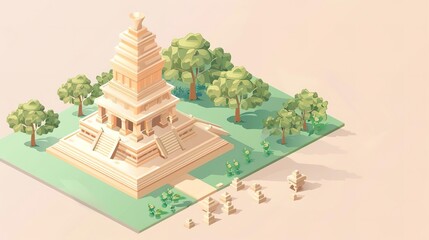 Isometric illustration of a ancient temple with trees and people.
