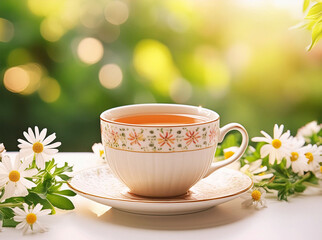 Fototapeta premium china cup of tea with chamomile flowers on wooden table, blurred background and copy space