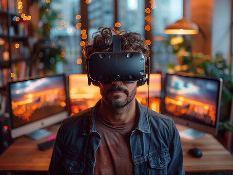 Mann mit VR-Headset im modernen Home-Office mit stimmungsvoller Beleuchtung und Computern im Hintergrund