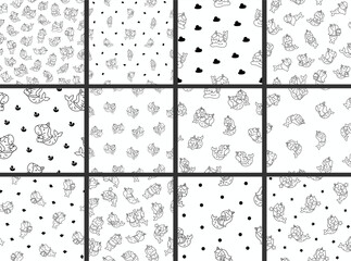Cute kawaii unicorn mermaid. Seamless pattern. Coloring Page. Fantasy cartoon characters. Hand drawn style. Vector drawing. Collection of design ornaments.