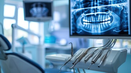 Dental instruments and dental x-rays on the screen in a modern dentist's office