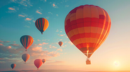 Obraz premium Hot Air Balloons at Sunset. A scenic view of multiple hot air balloons floating in the sky at sunset, creating a serene and picturesque atmosphere.