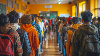 Crowded Polling Station with People Waiting. large group of diverse people waiting in crowded polling station with vibrant orange backdrop. scene captures intensity and anticipation of voting process.