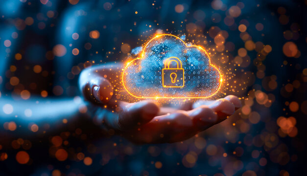 Cloud computing technology concept. Businessman hand holding cloud computing icon network. download and information upload on application system. data transfer loading solution, Secure online storage,