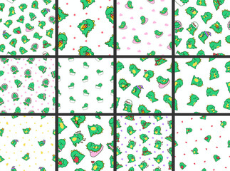 Cute kawaii baby dragon. Seamless pattern. Funny little dinosaur cartoon character. Hand drawn style. Vector drawing. Collection of design ornaments.