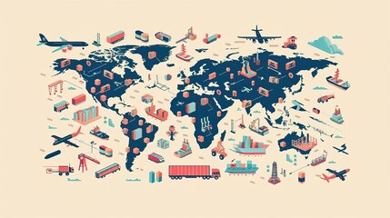 Isometric illustration of global trade and transportation with various icons on a world map.
