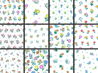 Spring flowers with leaves. Seamless pattern. Botanical leaf. Hand drawn style. Vector drawing. Collection of design ornaments.