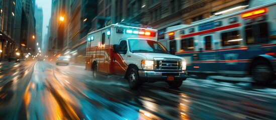 The ambulance is driving through the city streets, with a blurred background