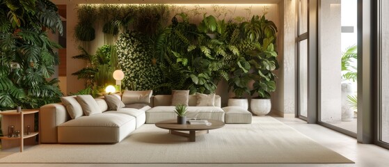 Detailed 3D illustration of a spacious living room with a monochromatic white theme and sunlight filtering through sheer curtains, design of a modern living room.