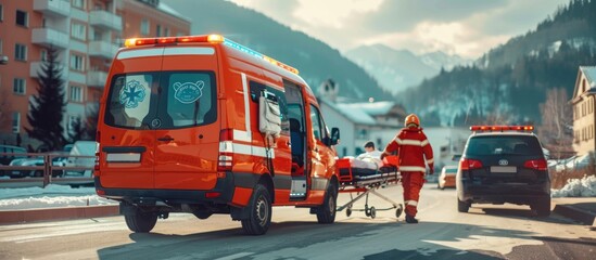 an ambulance with emergency medical staff carrying the patient on stretchers