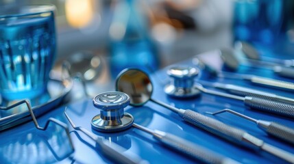 Dental tools on a blue table in a dental clinic, close up.