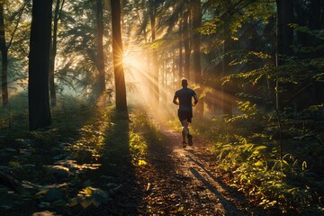 A fit person jogging on a scenic trail in a forest during early morning with sunlight streaming through the trees