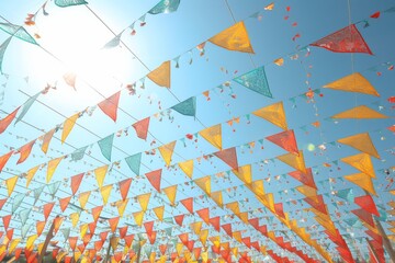 Naklejka premium Colorful bunting flags against a sunny sky with confetti, symbolizing celebration and joy, in a vibrant and festive outdoor setting
