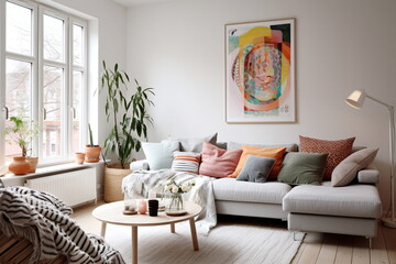 A warm and inviting living space featuring a neutral-toned sofa with colorful pillows, paired with a wooden coffee table and elegant wall art - Generative AI