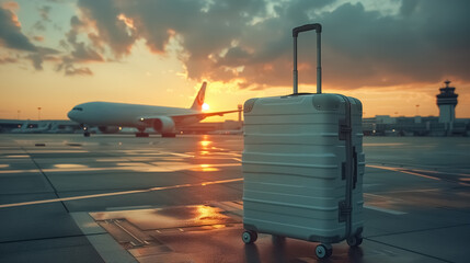 a Suitcases in airport near the wide windows, Travel concept , behind the suitcase an airplane outside standing, in the background, white colors