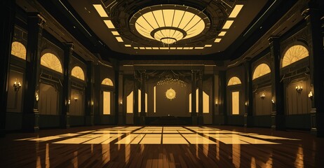 Obraz premium cyberpunk palace ballroom theatre hall. futuristic abandoned sci-fi neon cyber amphitheater auditorium empty room. royal dance hall in noble mansion interior. 