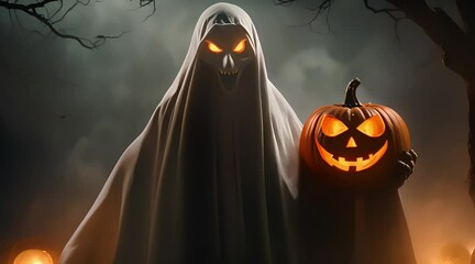 close up of ghost and pumpkin, concept for halloween day celebration, generate ai - Powered by Adobe