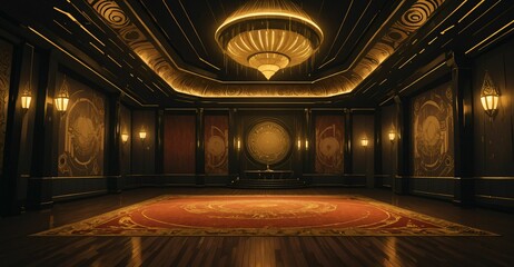 Obraz premium cyberpunk palace ballroom theatre hall. futuristic abandoned sci-fi neon cyber amphitheater auditorium empty room. royal dance hall in noble mansion interior. 