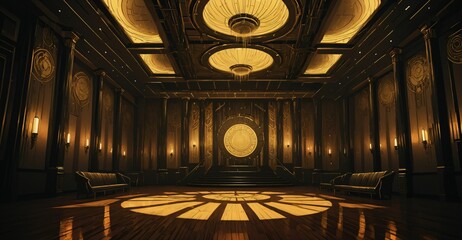 Obraz premium cyberpunk palace ballroom theatre hall. futuristic abandoned sci-fi neon cyber amphitheater auditorium empty room. royal dance hall in noble mansion interior. 