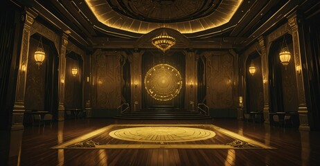 cyberpunk palace ballroom theatre hall. futuristic abandoned sci-fi neon cyber amphitheater auditorium empty room. royal dance hall in noble mansion interior.	