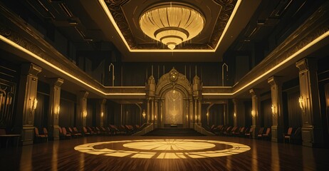 cyberpunk palace ballroom theatre hall. futuristic abandoned sci-fi neon cyber amphitheater auditorium empty room. royal dance hall in noble mansion interior.	