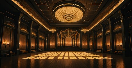 Obraz premium cyberpunk palace ballroom theatre hall. futuristic abandoned sci-fi neon cyber amphitheater auditorium empty room. royal dance hall in noble mansion interior. 