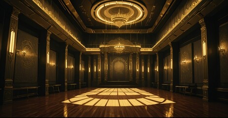 Obraz premium cyberpunk palace ballroom theatre hall. futuristic abandoned sci-fi neon cyber amphitheater auditorium empty room. royal dance hall in noble mansion interior. 