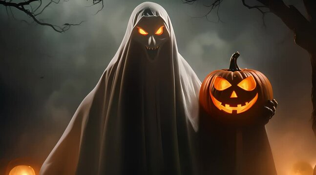 close up of ghost and pumpkin, concept for halloween day celebration, generate ai