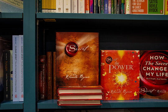 Close-up of Rhonda Byrne's The Secret book in the bookshop.