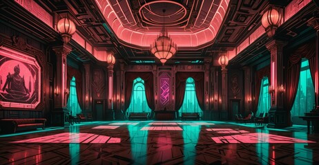 Obraz premium cyberpunk palace ballroom theatre hall. futuristic abandoned sci-fi neon cyber amphitheater auditorium empty room. royal dance hall in noble mansion interior. 