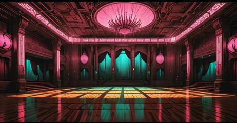 cyberpunk palace ballroom theatre hall. futuristic abandoned sci-fi neon cyber amphitheater auditorium empty room. royal dance hall in noble mansion interior.	