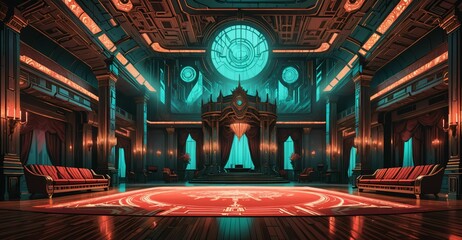 Obraz premium cyberpunk palace ballroom theatre hall. futuristic abandoned sci-fi neon cyber amphitheater auditorium empty room. royal dance hall in noble mansion interior. 
